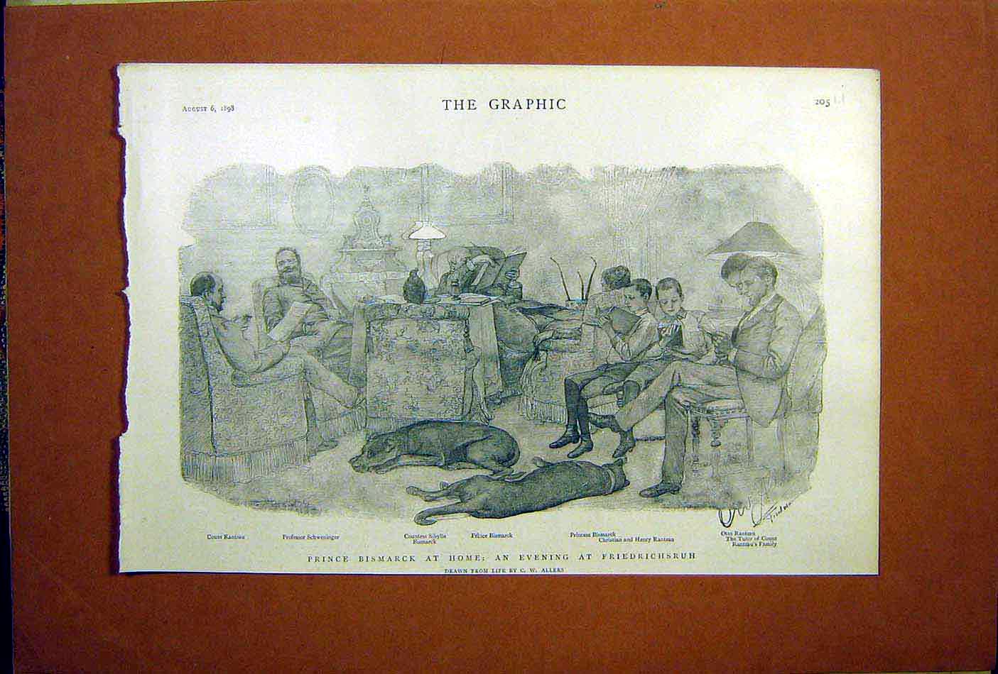 Old Antique Print Prince Bismarck Friedrichsruh Home Sketch Allers 1898 19th