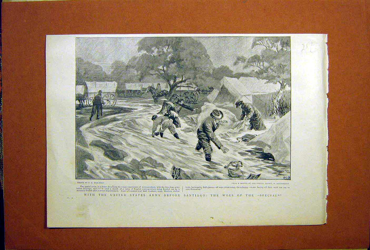Original Old Antique Print United States Army Santiago Flood Dickinson 1898