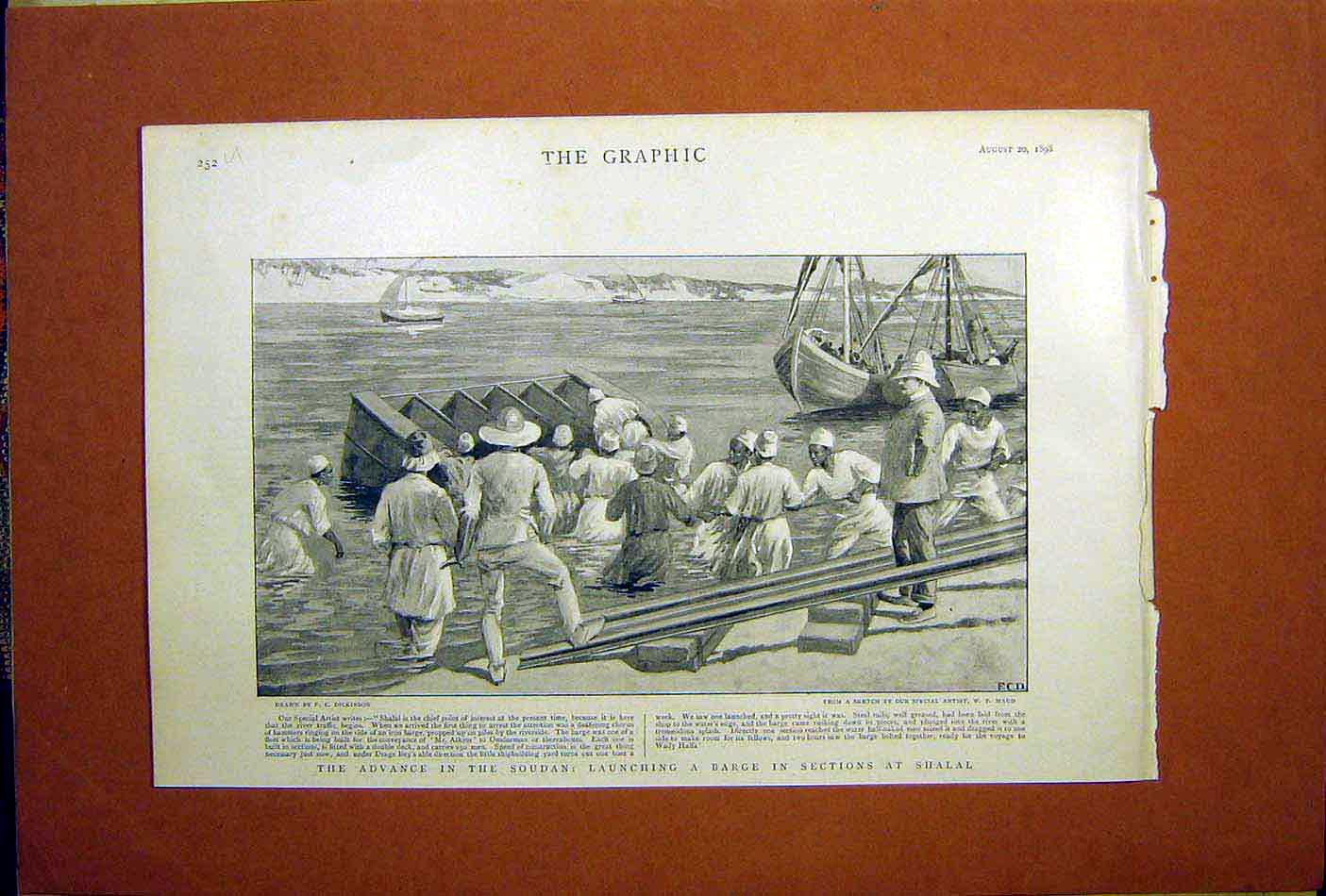 Original Old Antique Print Soudan Barge Shalal River Dickinson 1898 Victorian