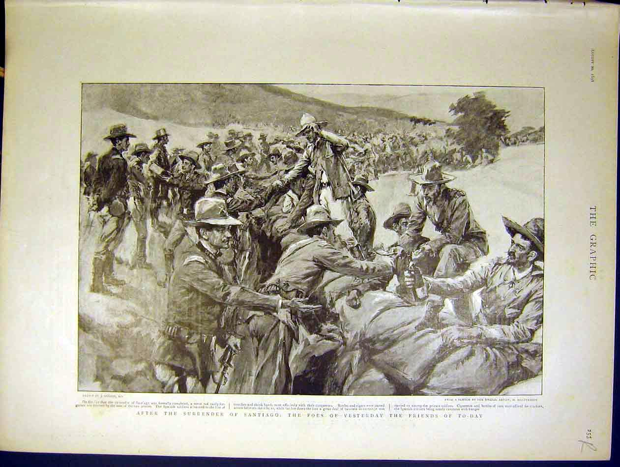 Original Old Antique Print Santiago American Spanish Troops San Juan 1898 19th