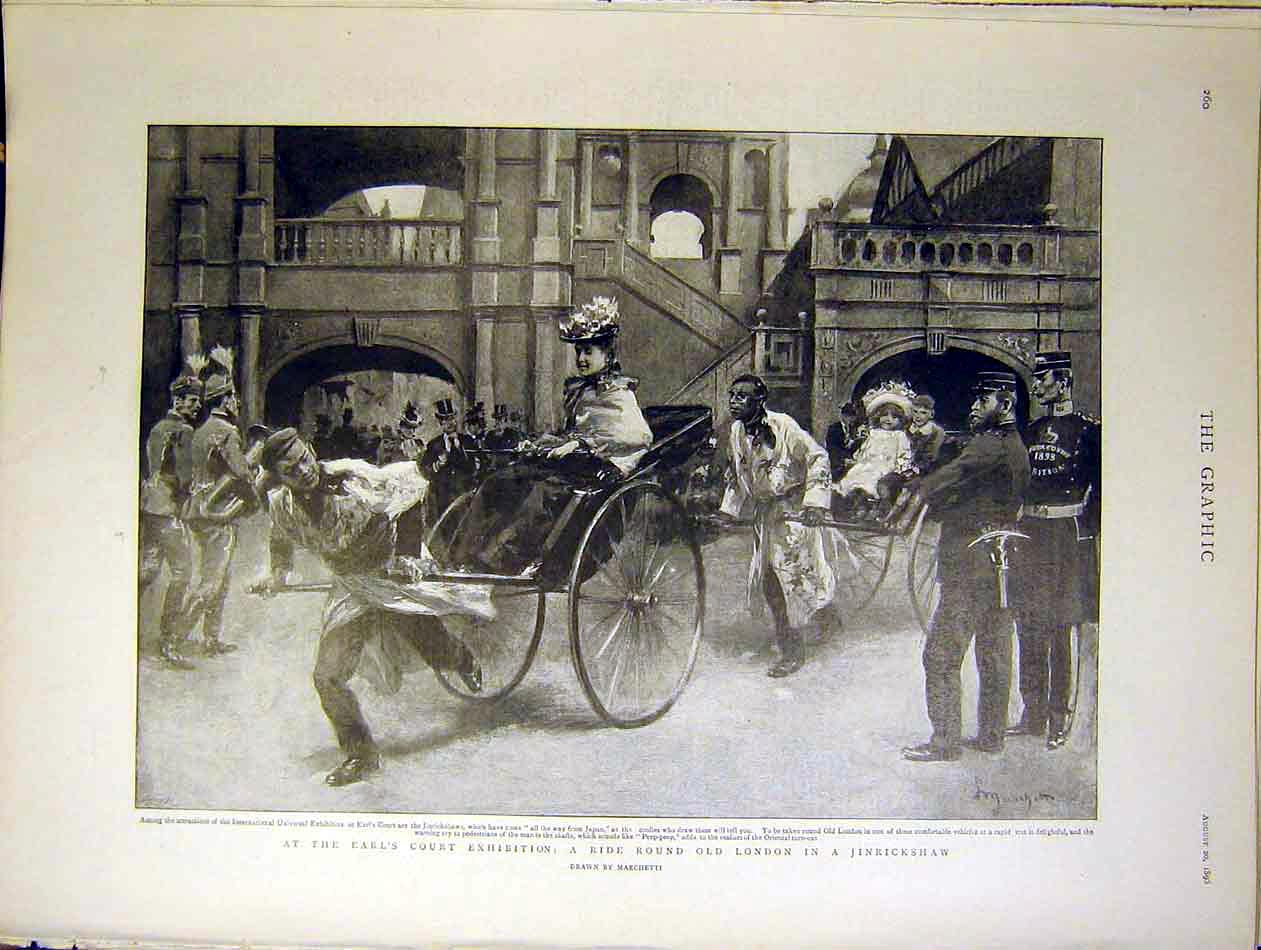 Original Old Antique Print Earl'S Court London Jinrickshaw Exhibition 1898 19th
