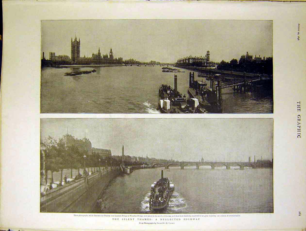 Original Old Antique Print Thames River London Lambeth Waterloo Bridge 1898 19th