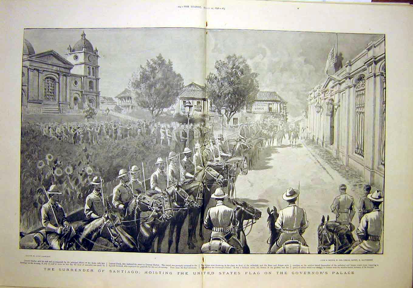 Old Antique Print Santiago United States Flag Governor Palace Spain 1898 19th