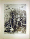 Original Old Antique Print Bird Shooting Picnic September Macquoid 1898 19th