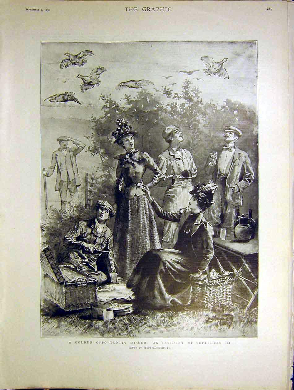 Original Old Antique Print Bird Shooting Picnic September Macquoid 1898 19th
