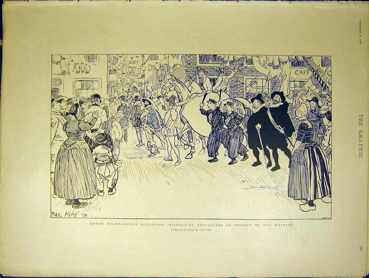 Original Old Antique Print Queen Wilhelmina Procession Sketch Phil May 1898 19th