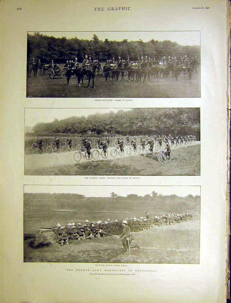 Old Antique Print Horse Artillery German Army Manoeuvres Westphalia 1898 19th