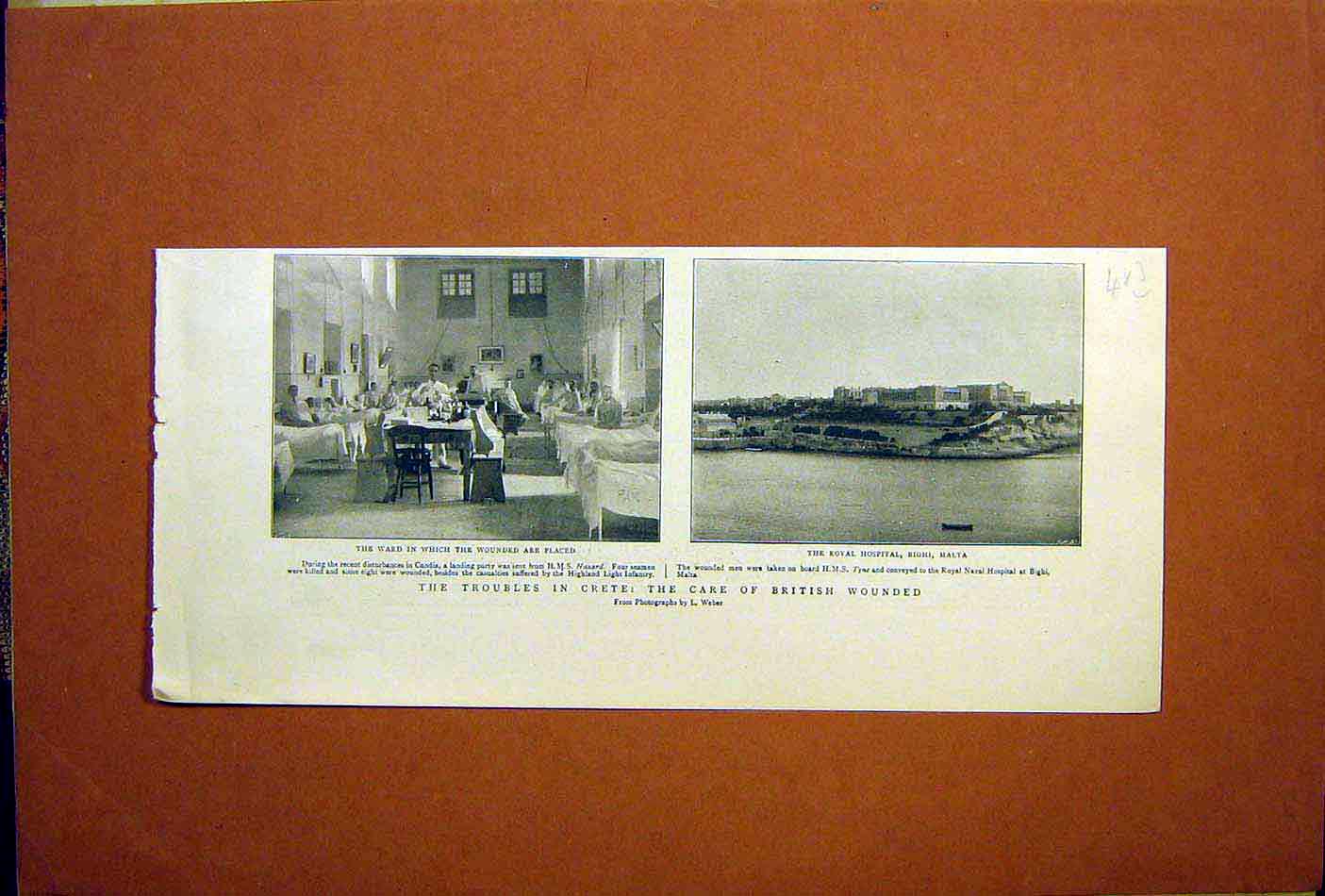 Original Old Antique Print Crete British Wounded Greece Royal Hospital 1898
