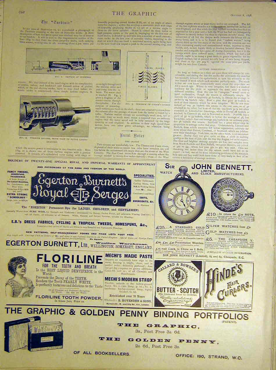 Original Old Antique Print Turbines Engine 1898 19th Century