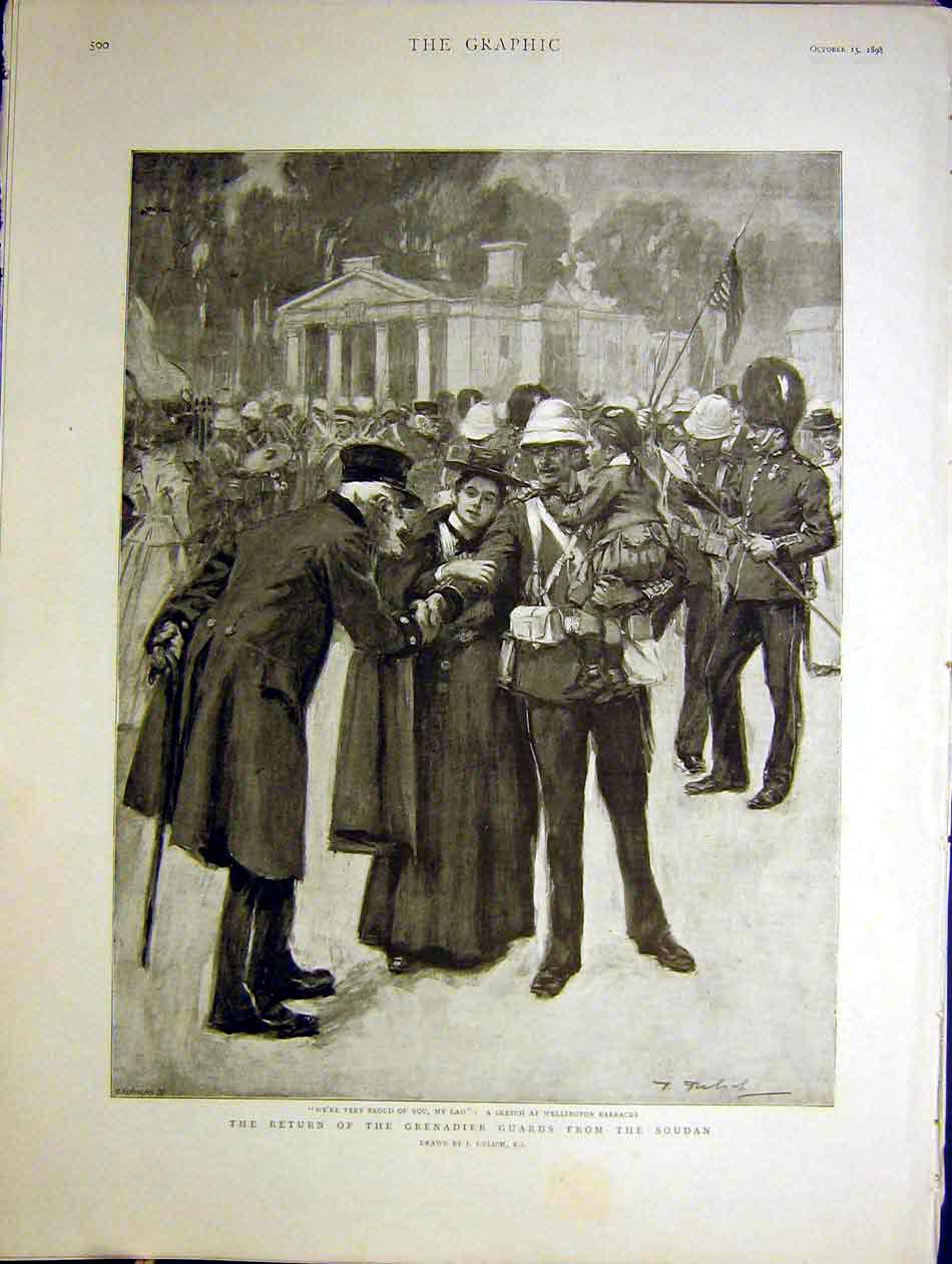 Original Old Antique Print Grenadier Guards Soudan Wellington Barracks 1898 19th