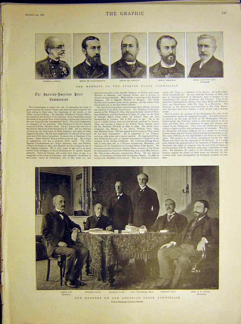 Old Antique Print Members Spanish Peace Commission Portrait American 1898 19th
