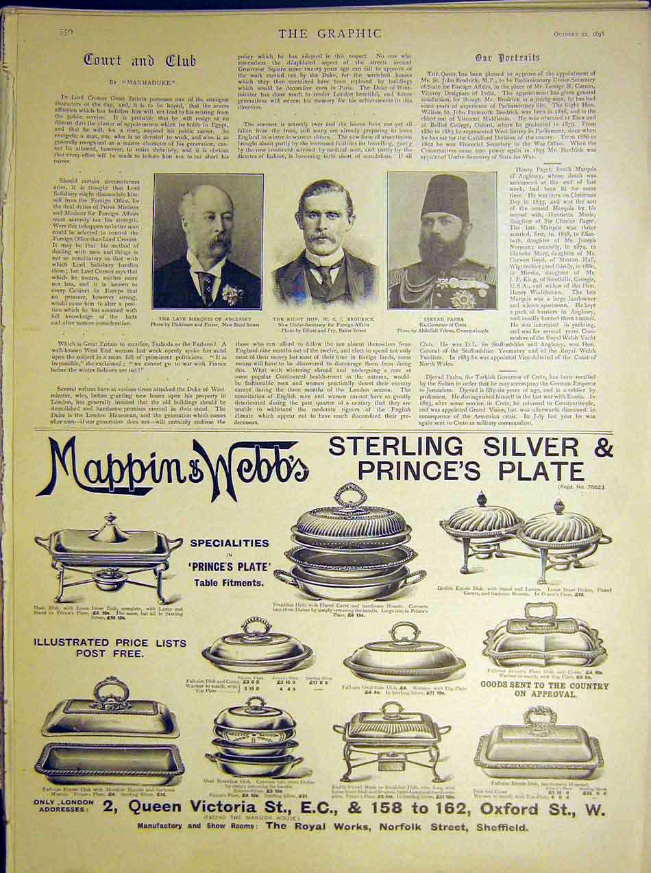 Original Old Antique Print Portrait Marquis Anglesey Brodrick Djevad Pasha 1898