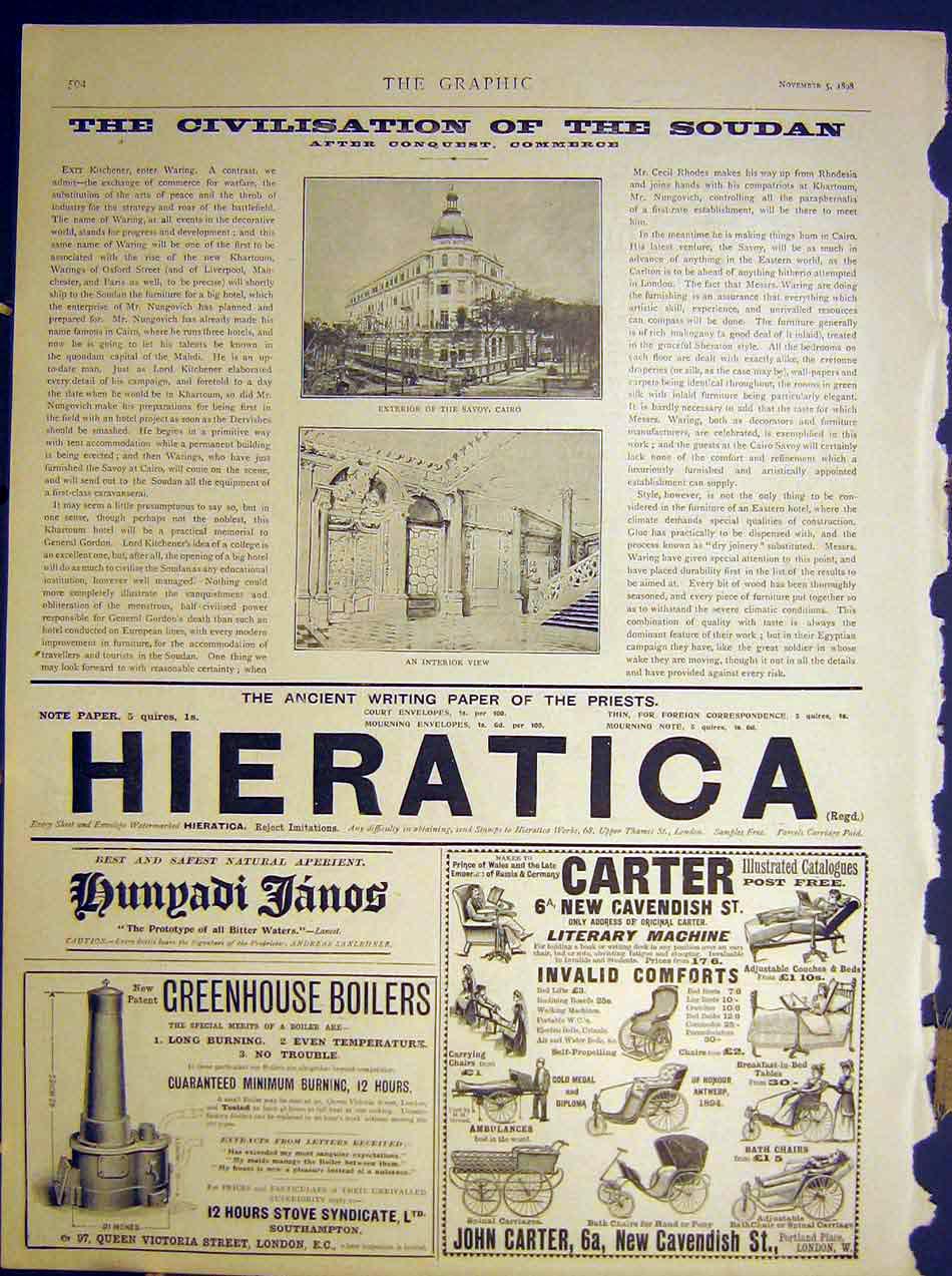 Original Old Antique Print Civilisation Soudan Waring Savoy Cairo 1898 Victorian