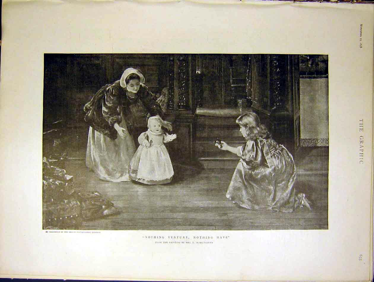 Original Old Antique Print Nothing Venture Alma-Tadema Baby Child Fine Art 1898