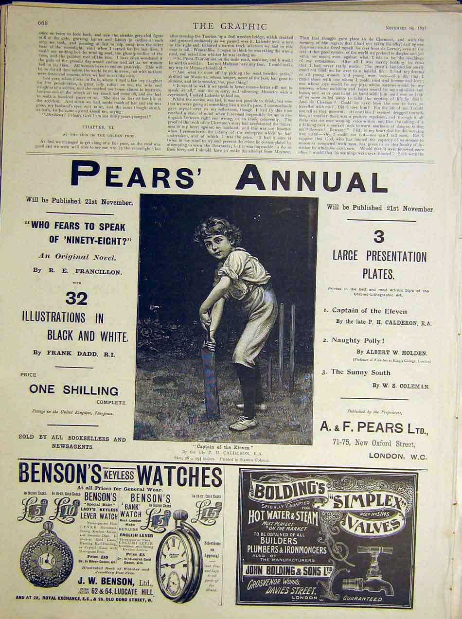 Original Old Antique Print Pear'S Annual Advert Cricket Calderon 1898 Victorian