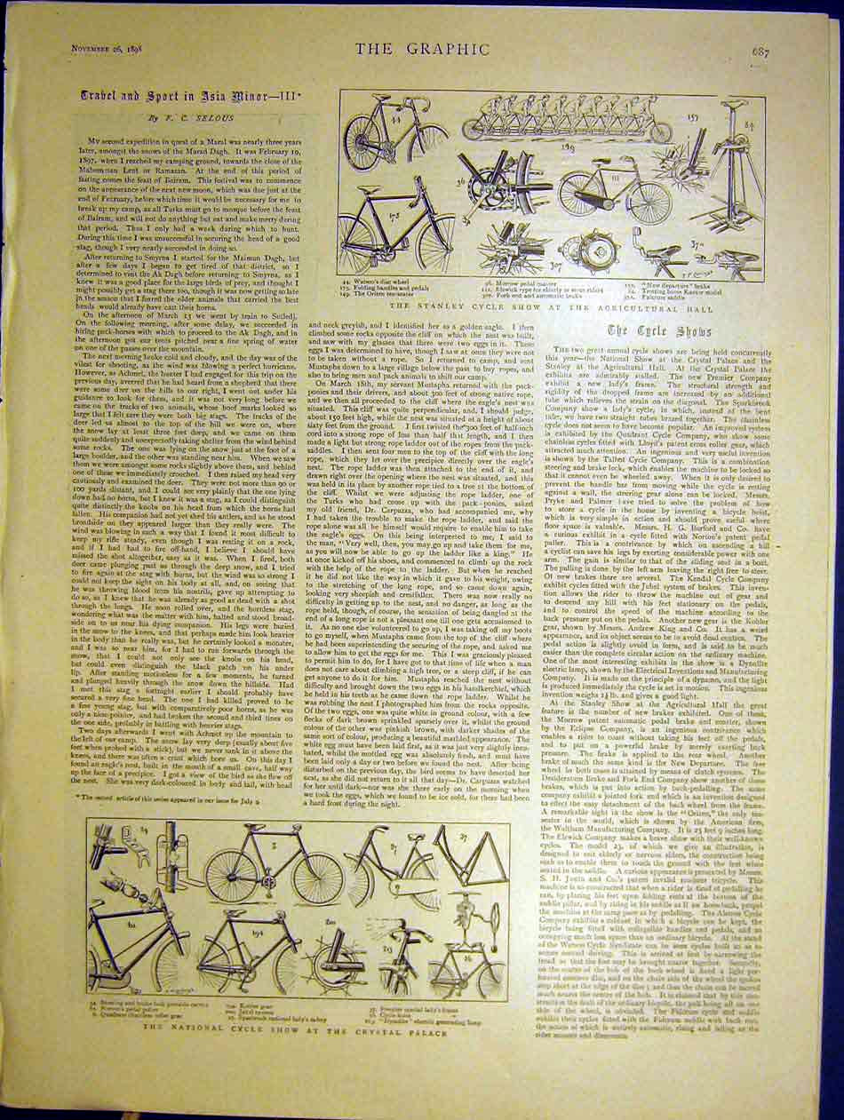 Original Old Antique Print Stanley Cycle Show Bicycle Dynolite Pedal Oriten 1898
