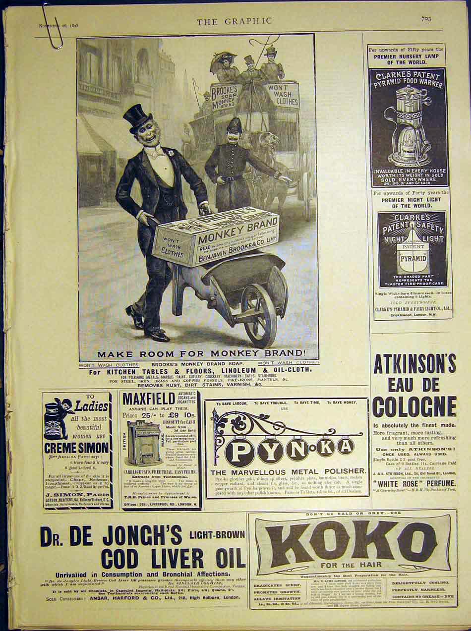 Original Old Antique Print Monkey Brand Brooke'S Wheelbarrow Advert 1898 19th