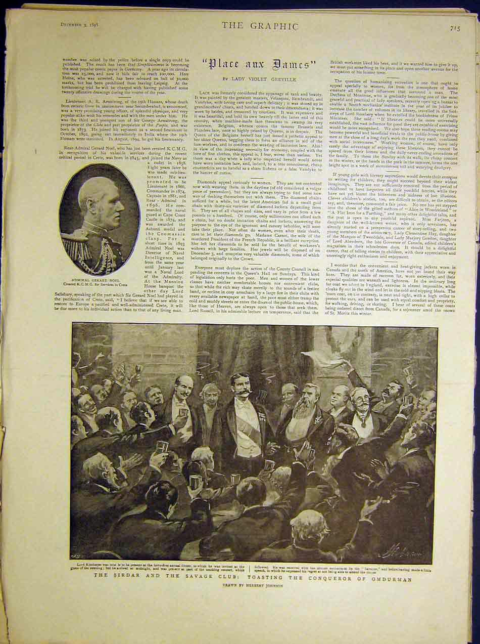 Original Old Antique Print Sirdar Savage Club Conqueror Omdurman Noel 1898 19th