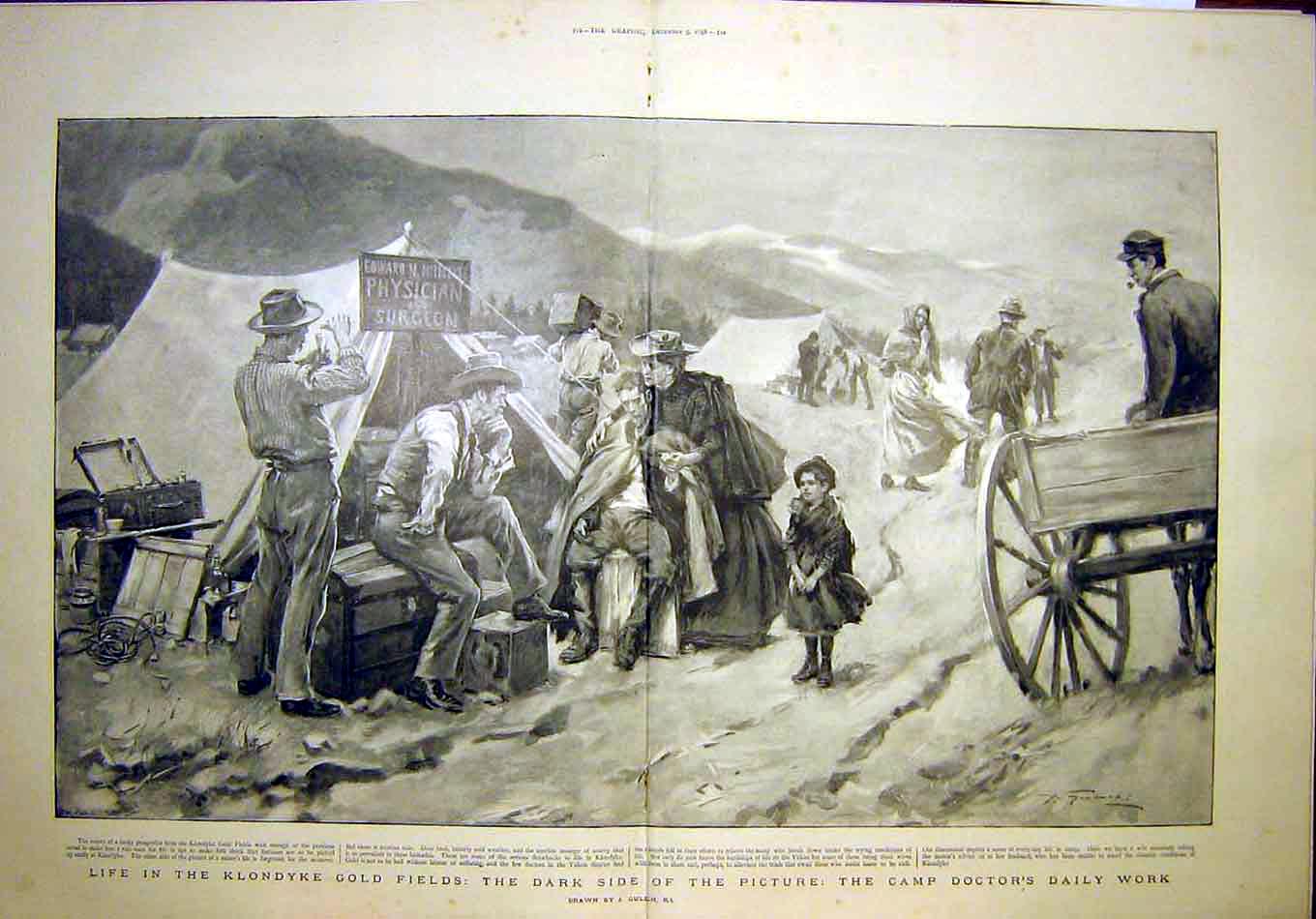 Original Old Antique Print Klondyke GFields Camp Doctor Surgeon Gulich 1898