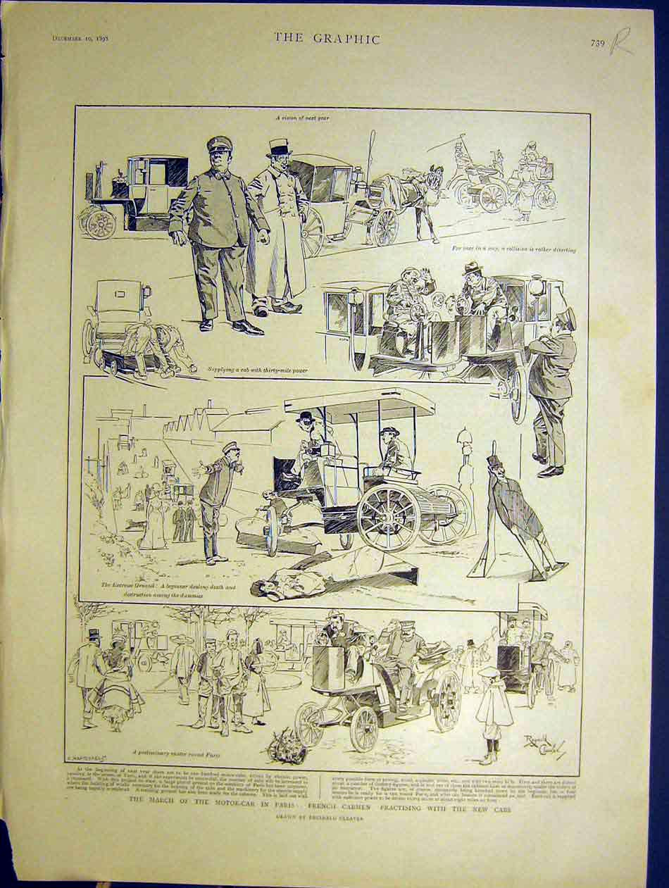 Original Old Antique Print Motor-Car Paris France Vatican Rome Pope Crete 1898