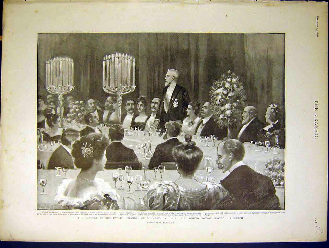 Old Antique Print Banquet Chamber Commerce Paris Black Gordon Highlanders