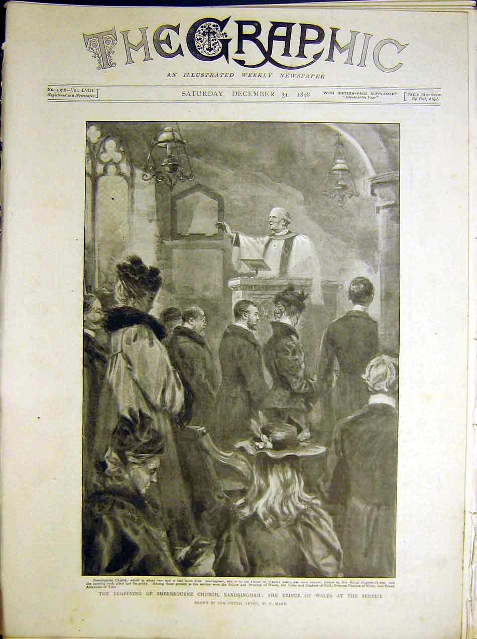 Original Old Antique Print Shernbourne Church Sandringham Prince Wales 1898 19th