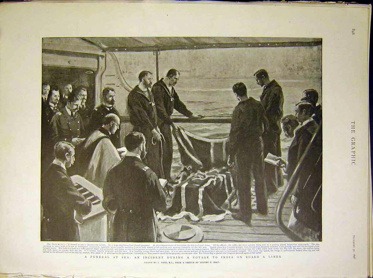 Original Old Antique Print Funeral Sea India Voyage Liner Nash Hall 1898 19th