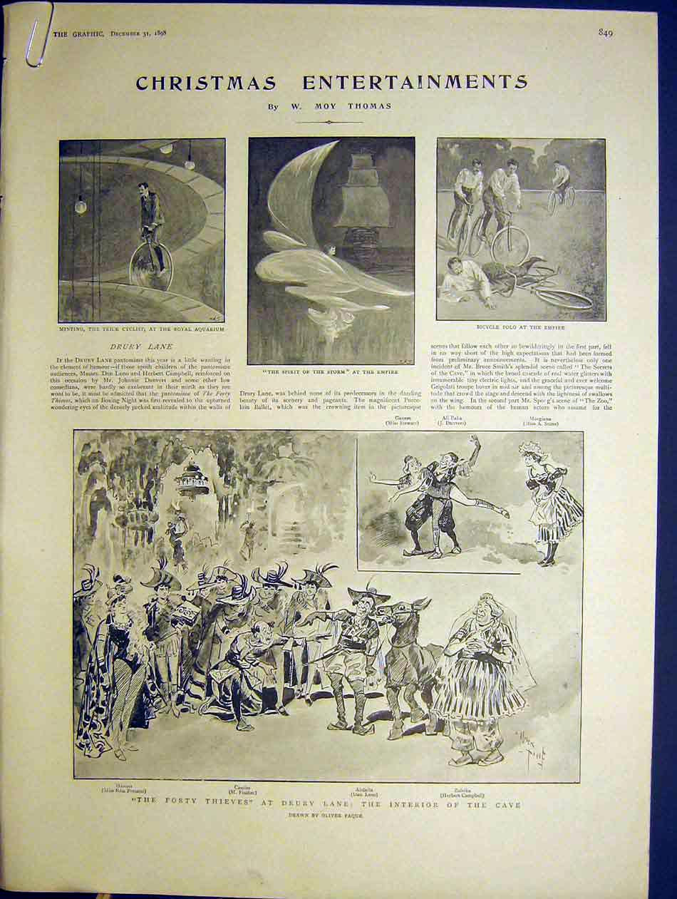 Old Antique Print Christmas Cyclist Drury Theatre Polo Barnum Bailey 1898 19th