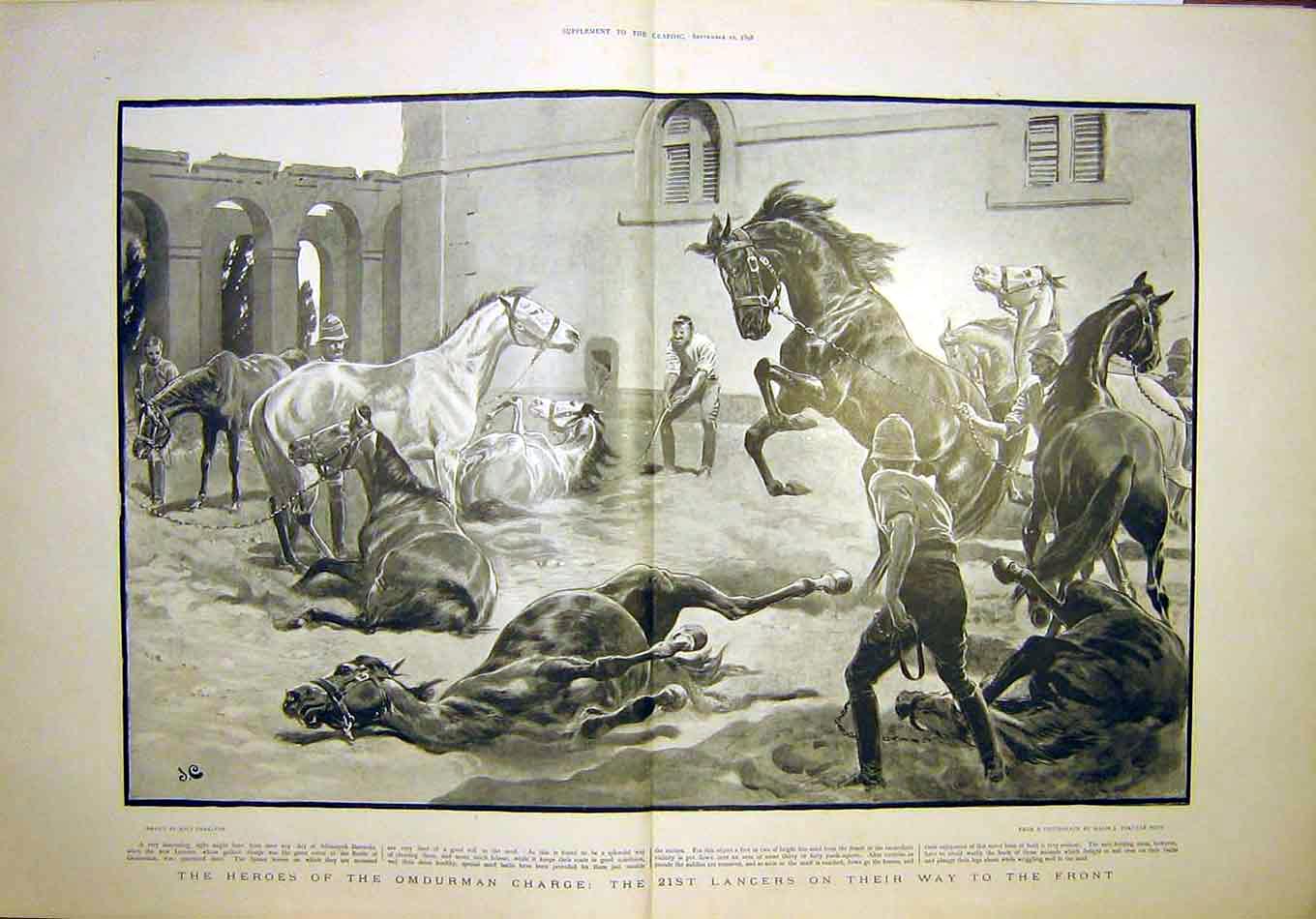 Original Old Antique Print Omdurman Charge Heroes Lancers Syrian Horses 1898