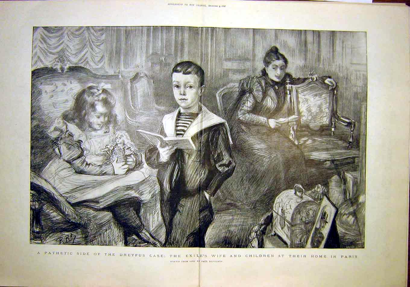 Original Old Antique Print Dreyfus Case Wife Children Paris Renouard 1898 19th