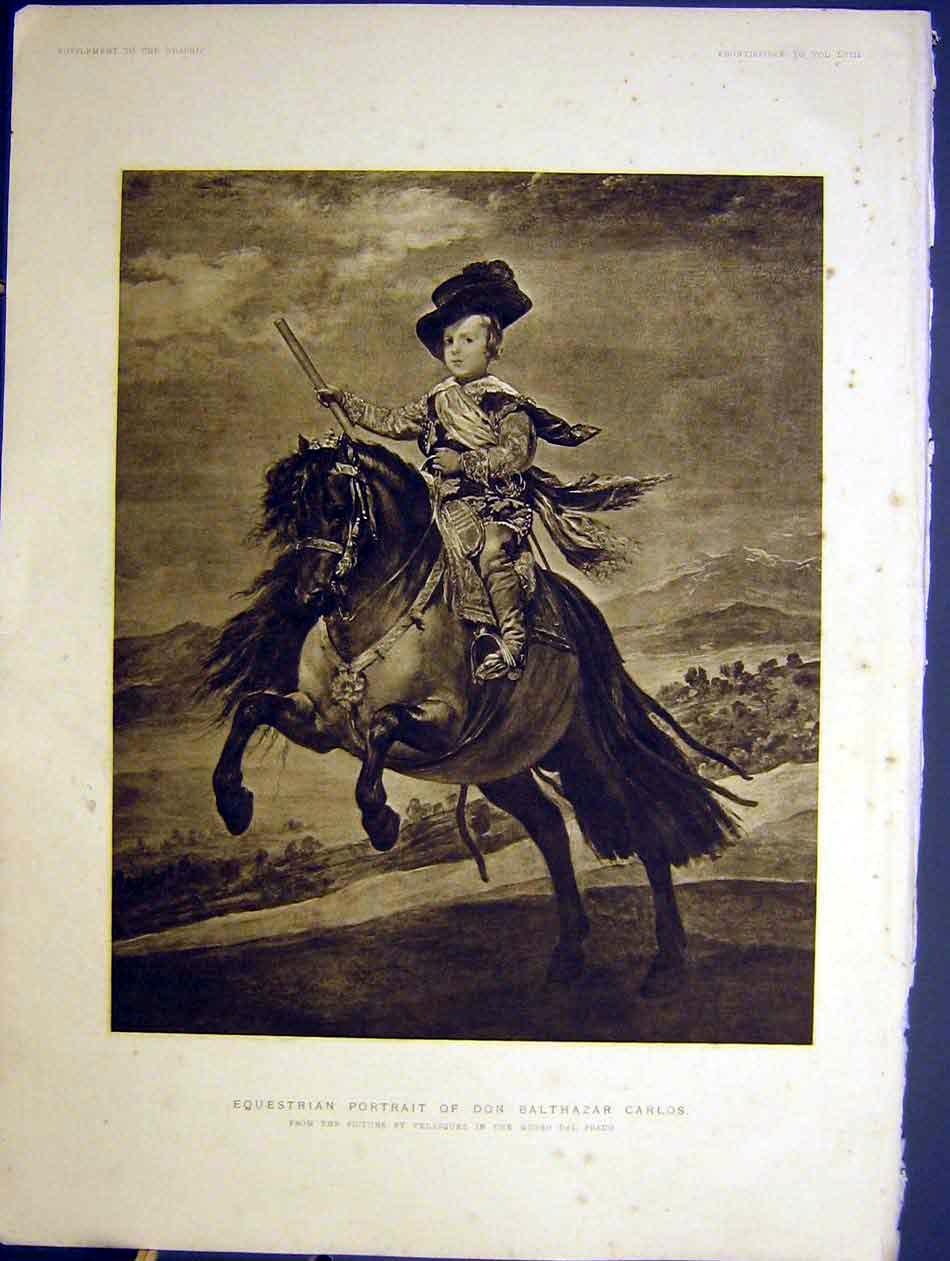 Original Old Antique Print Equestrian Portrait Don Balthazar Carlos Sepia 1898