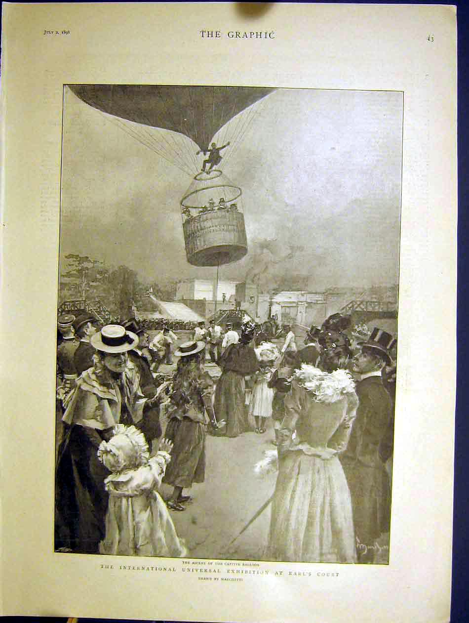 Original Old Antique Print Balloon Universal Exhibition Earl'S Court London 1898