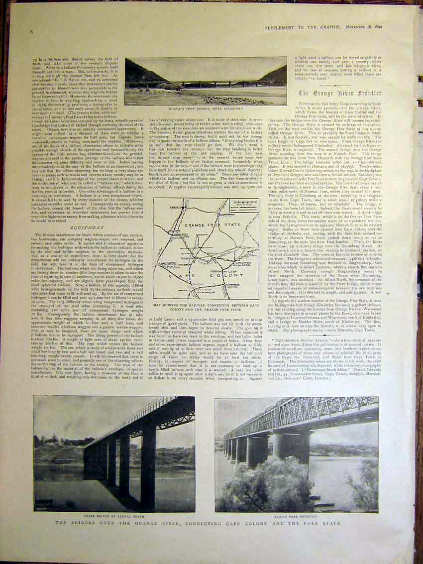 Old Antique Print Colesberg Bridge Orange River Bethulie Africa Map 1899 19th