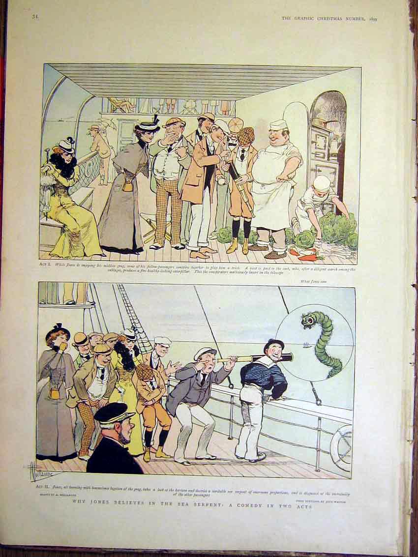 Original Old Antique Print Jones Sketches Serpent Sea Comedy Guillaume 1899 19th
