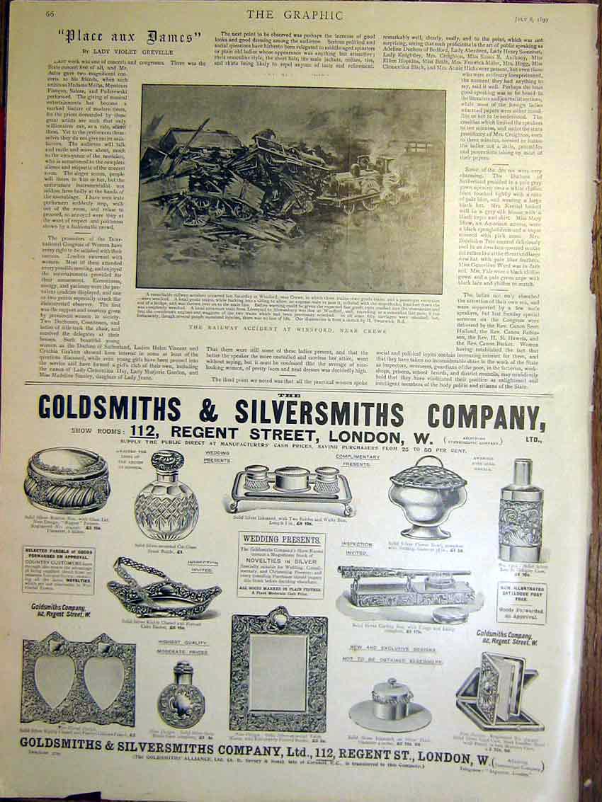 Original Old Antique Print Railway Accident Winsford Crewe Gsmiths Advert 1899