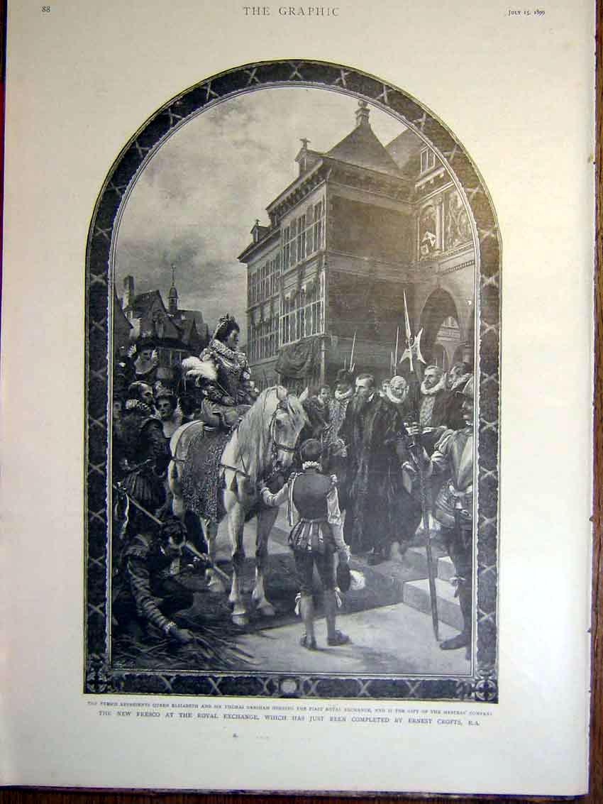 Original Old Antique Print Fresco Royal Exchange Crofts Mercers Fine Art 1899