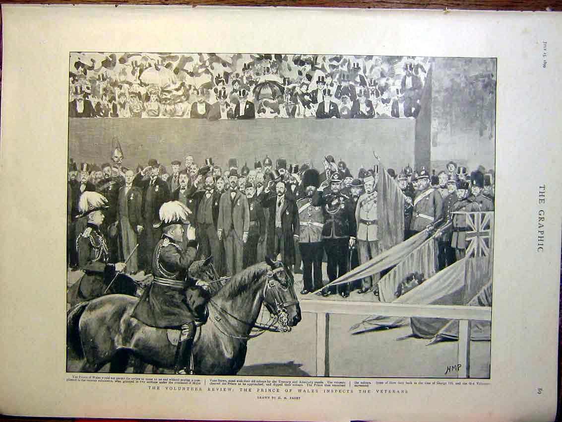 Original Old Antique Print Volunteer Review Prince Wales Veterans Paget 1899