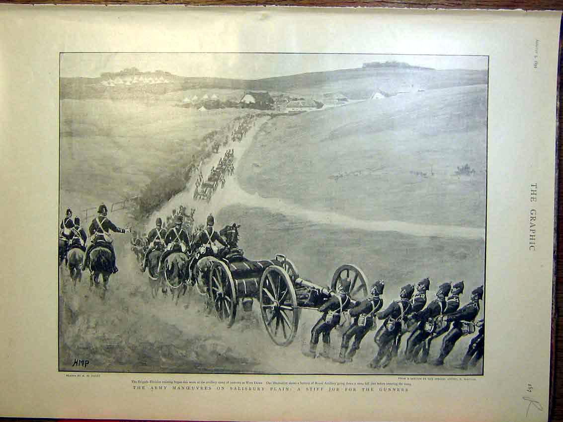 Old Antique Print Army Manoeuvres Salisbury Gunner Widow Portrait Rochard