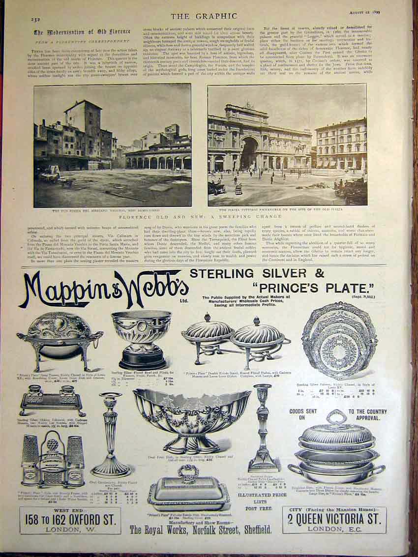 Original Old Antique Print Florence Piazza Buildings Advert Mappin Webb Silver