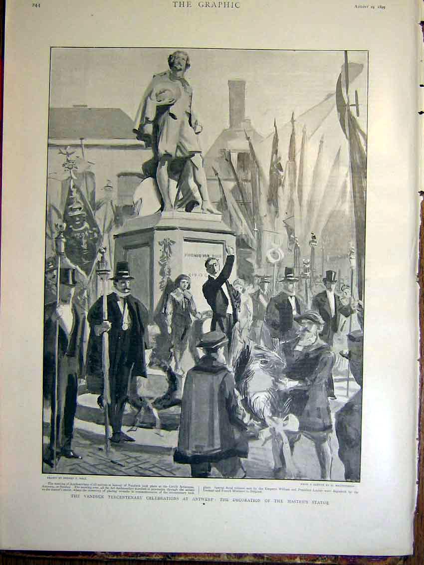 Original Old Antique Print Vandyck Tercentenary Antwerp Statue 1899 Victorian