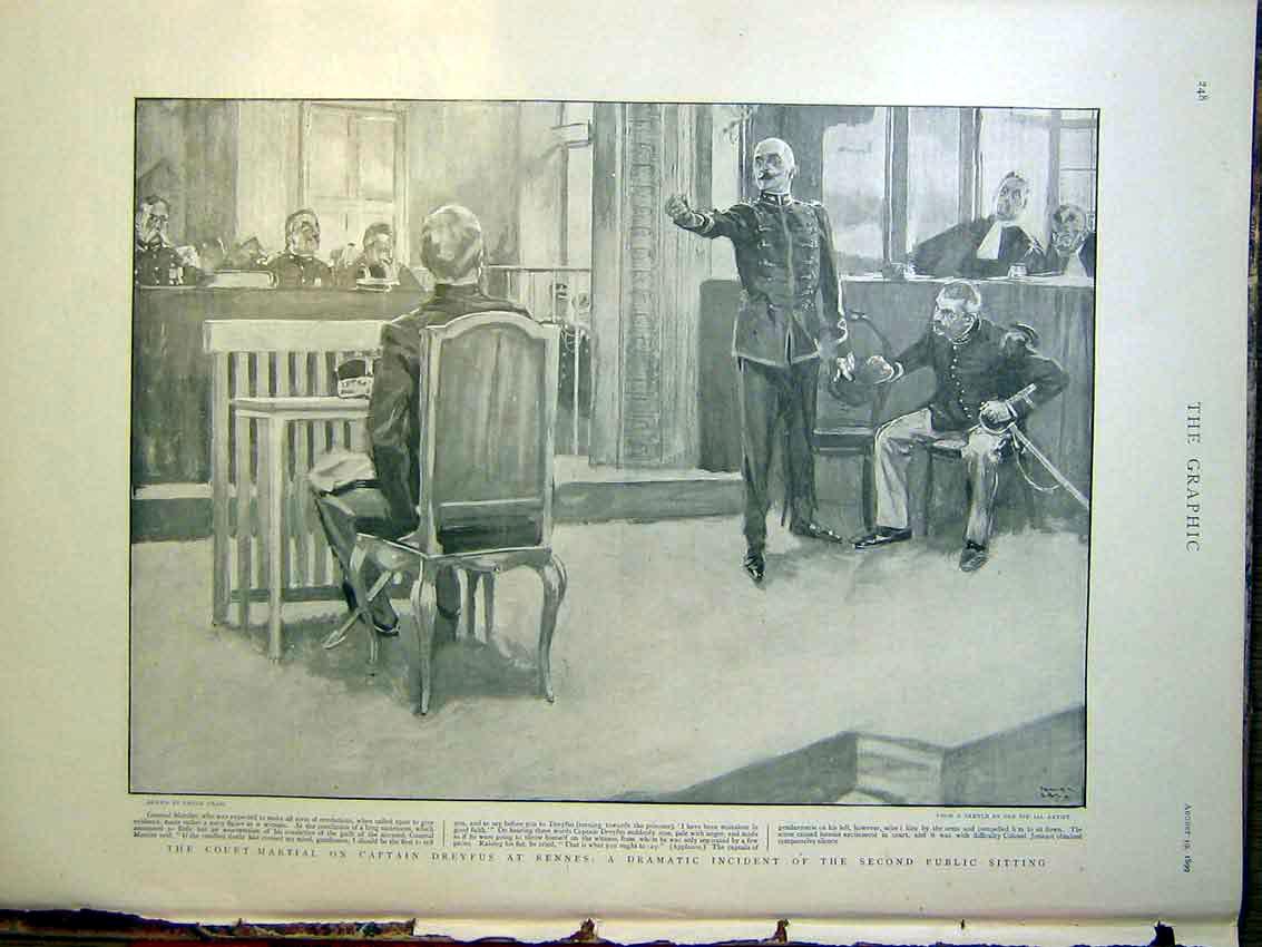 Original Old Antique Print Court-Martial Captain Dreyfus Rennes Trial 1899 19th