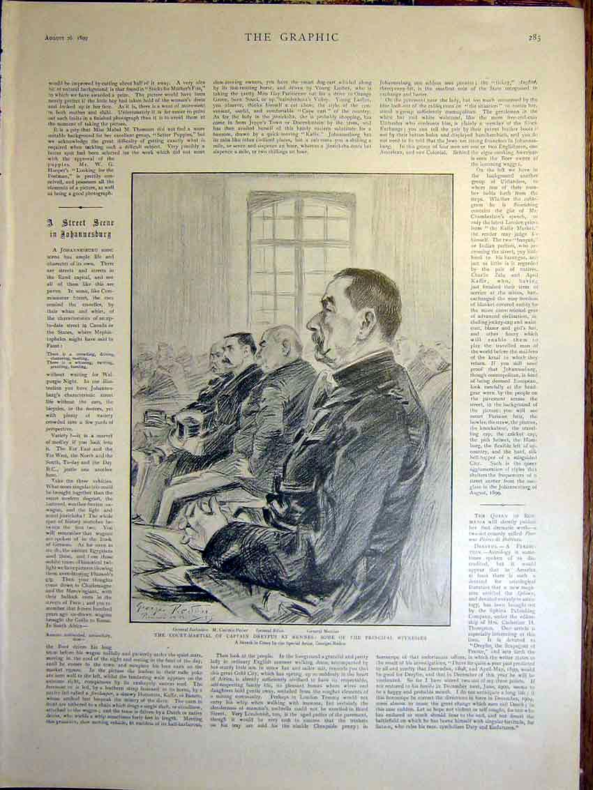 Original Old Antique Print Court Martial Captain Dreyfus Rennes Sketch Witnesses