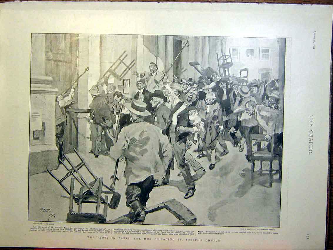 Original Old Antique Print Riots Paris Mob Pillaging St Joseph'S Church 1899