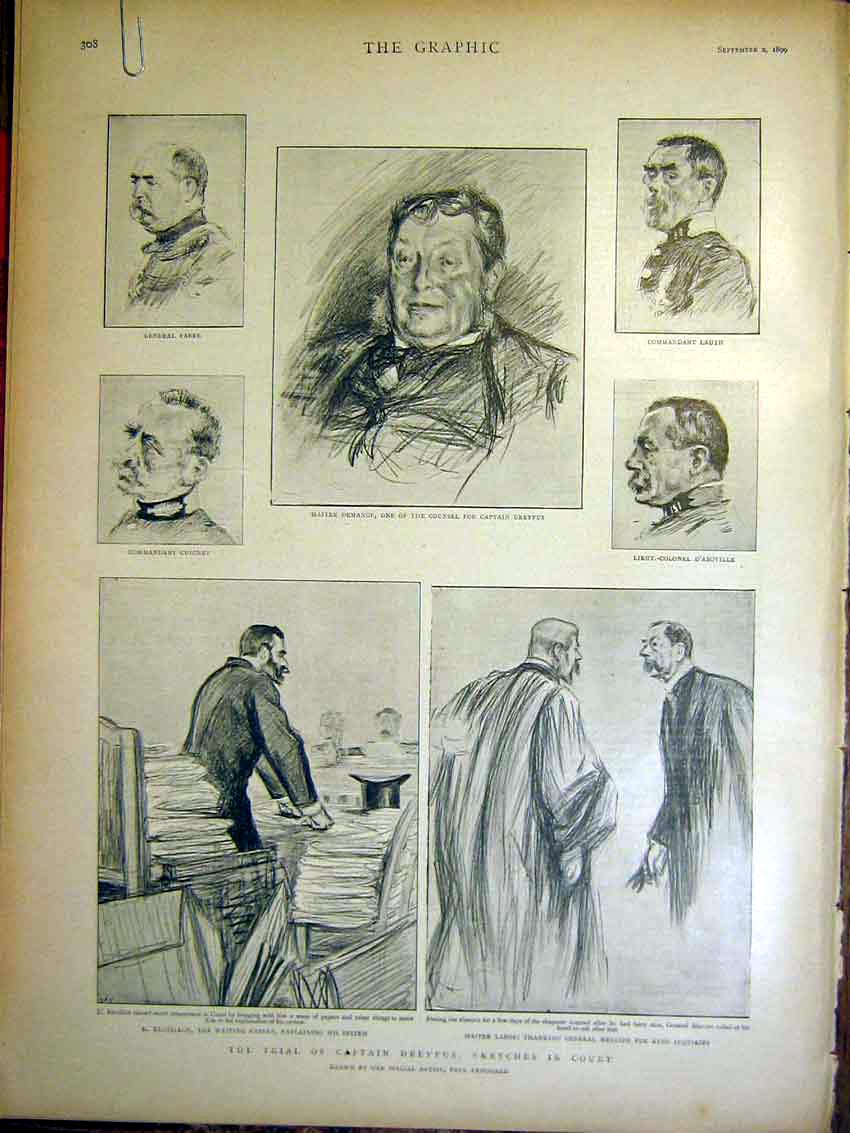 Original Old Antique Print Captain Dreyfus Trial Sketches Court Rennes 1899