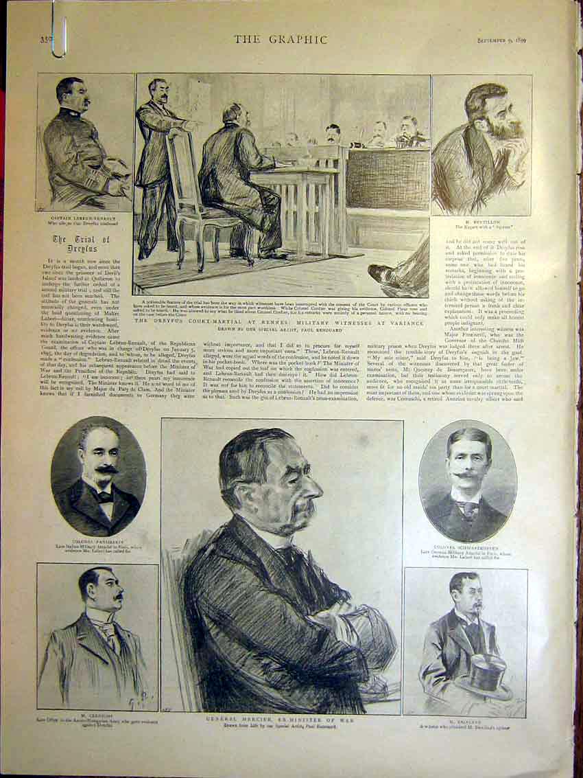 Original Old Antique Print Dreyfus Court-Martial Rennes Military Mercier 1899