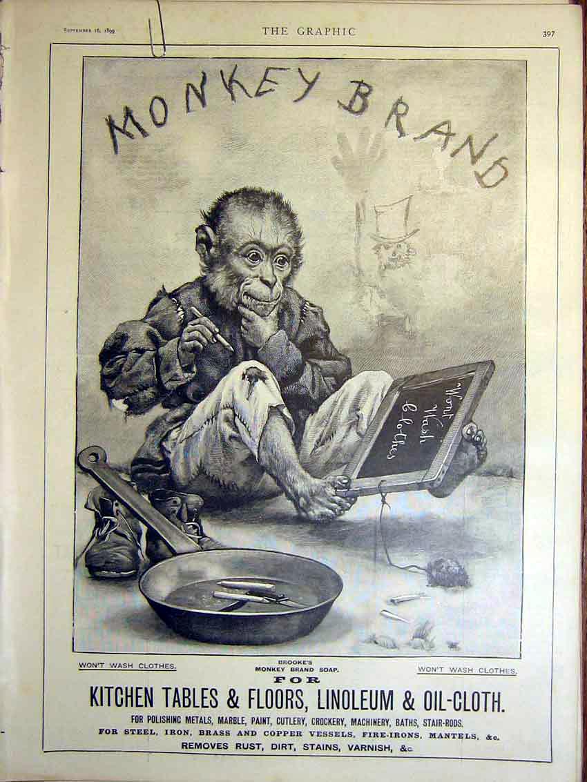 Old Antique Print Monkey Brand Soap Blackboard Pan Brass Iron Polish 1899 19th