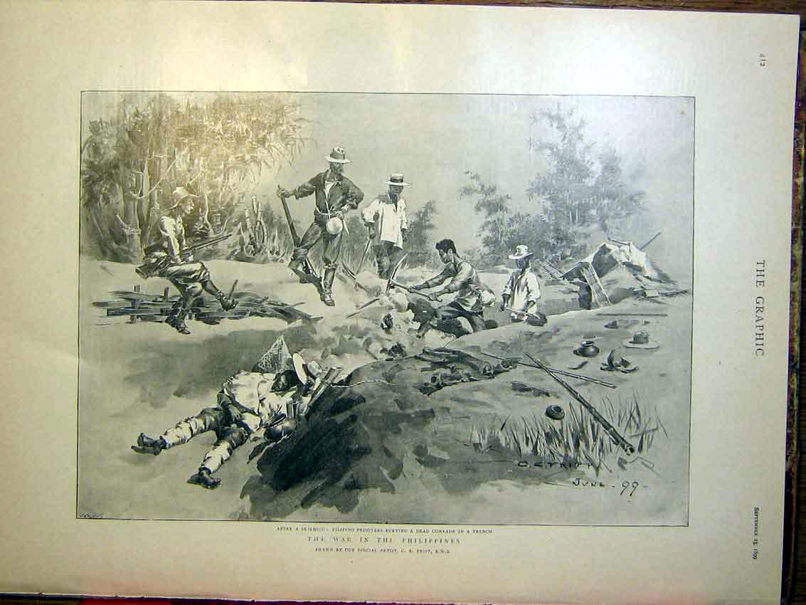 Original Old Antique Print War Phillipines Fripp Prisoners Comrade Trench 1899