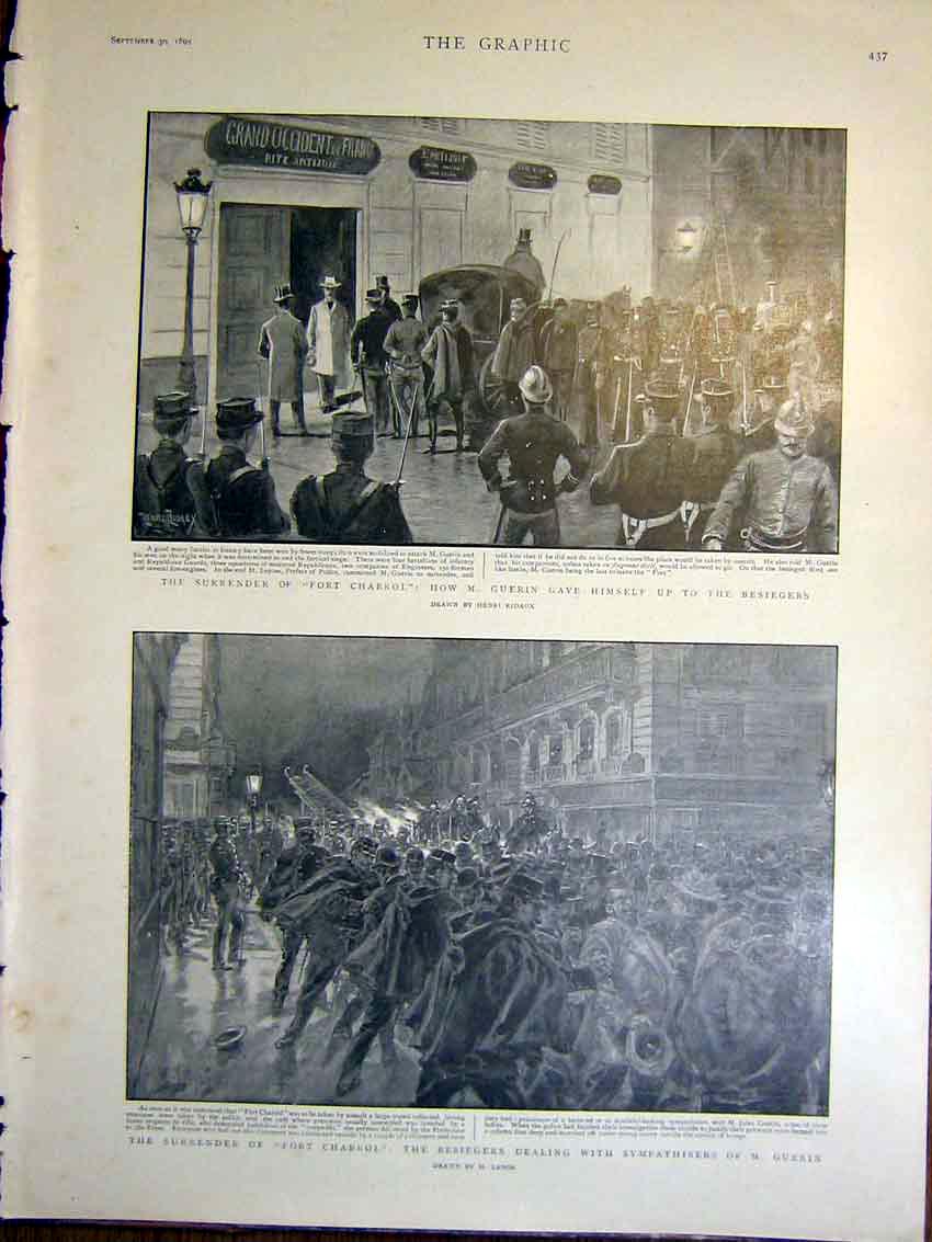 Original Old Antique Print Fort Chabrol Guerin Ridaux Lanos Surrender 1899 19th