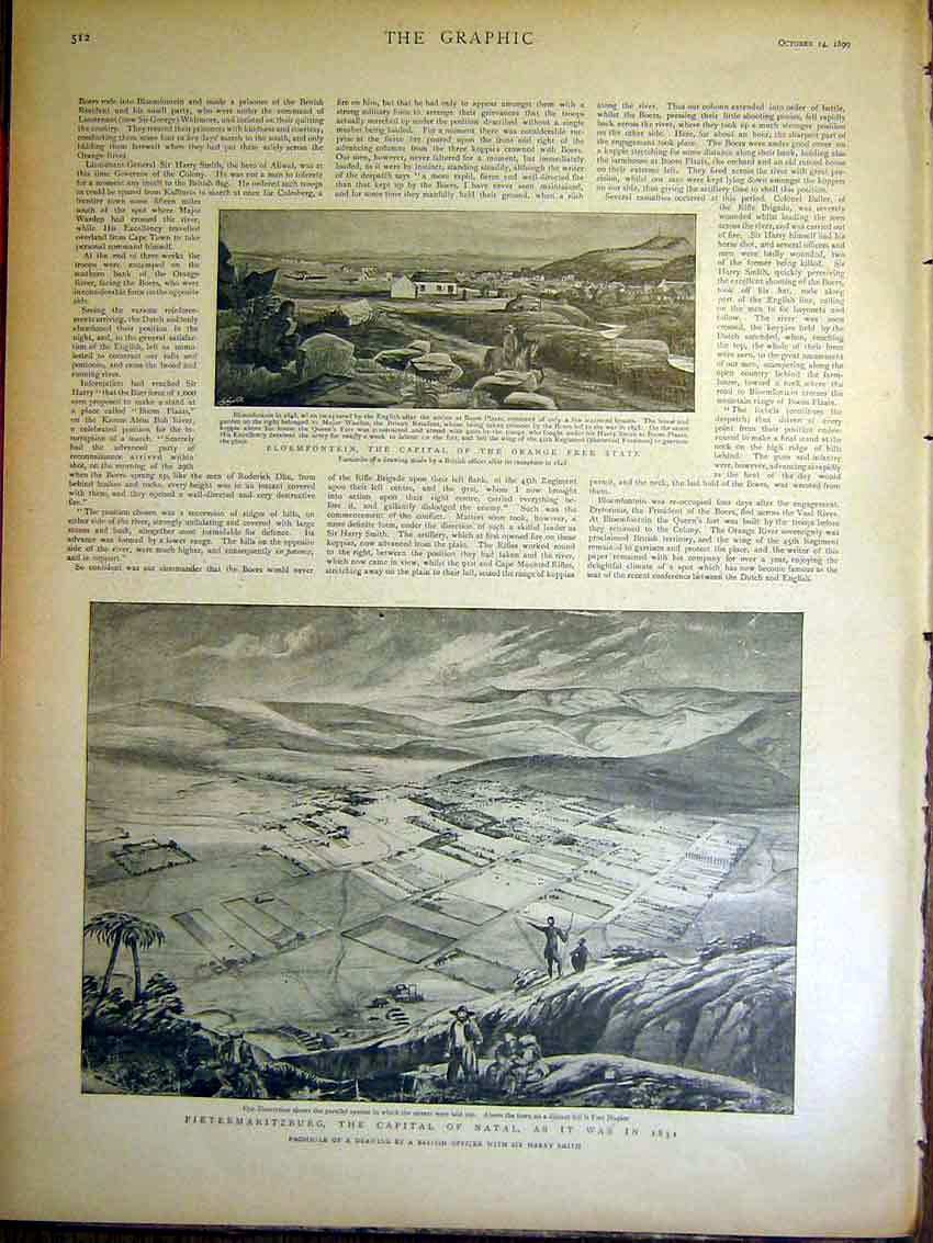 Original Old Antique Print Bloemfontein Africa Pietermaritzburg Natal 1899 19th