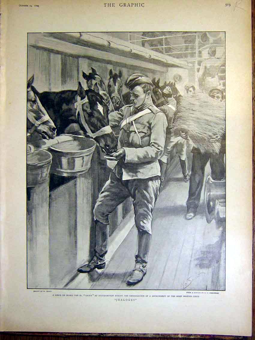 Original Old Antique Print Ss Gaika Horses Southampton Braemar Castle Ship 1899